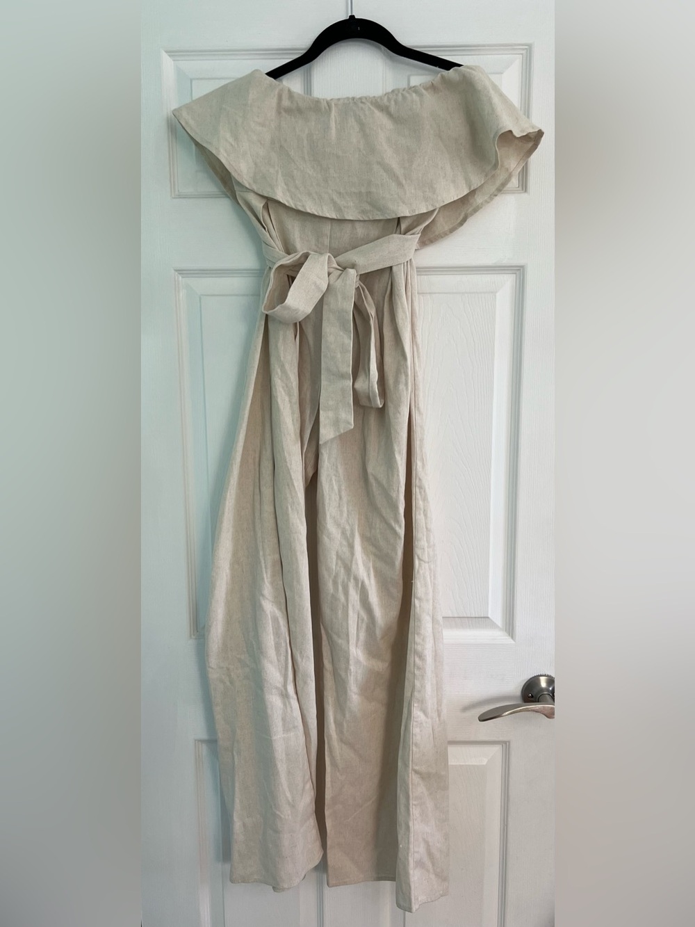 Off-Shoulder Cream Jumpsuit with Waist Tie